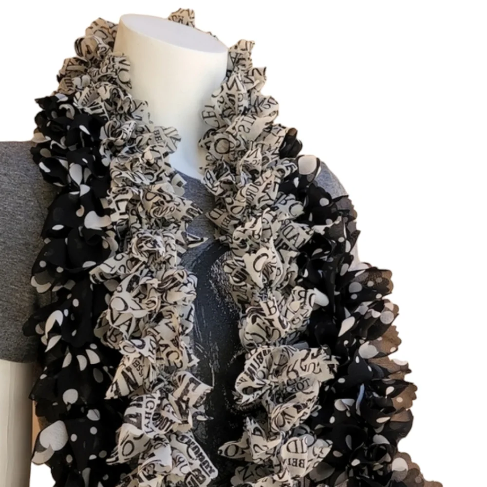 Vintage Handmade Chiffon Pom Pom Scarf Two Scarves Shreds Polka Dots US Cities